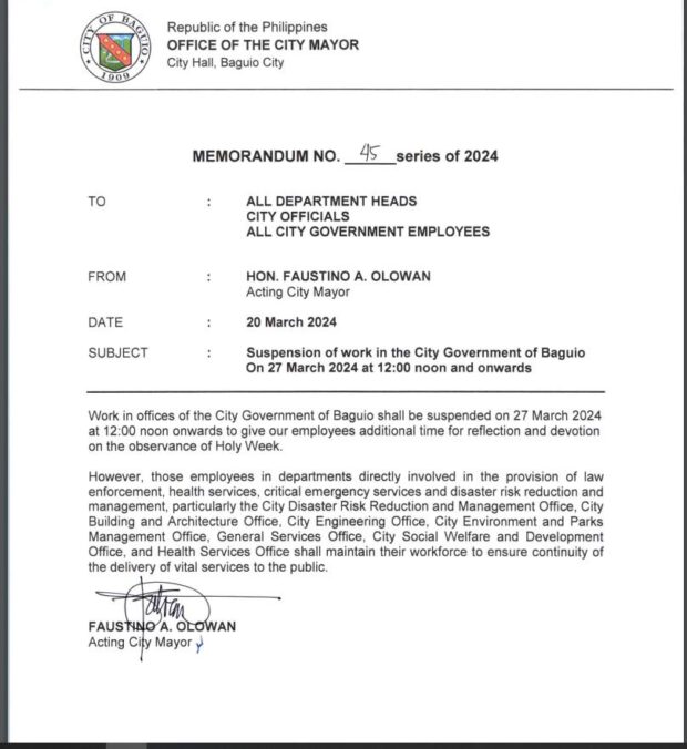 A copy of Memorandum No. 45 series of 2024, dated March 20, was released by the Baguio City Public Information Office on its official Facebook page on Friday. It states that work in the City Government of Baguio is suspended on Holy Wednesday, March 27, from 12 noon onwards. (Photo courtesy of Baguio City Public Information Office Facebook)