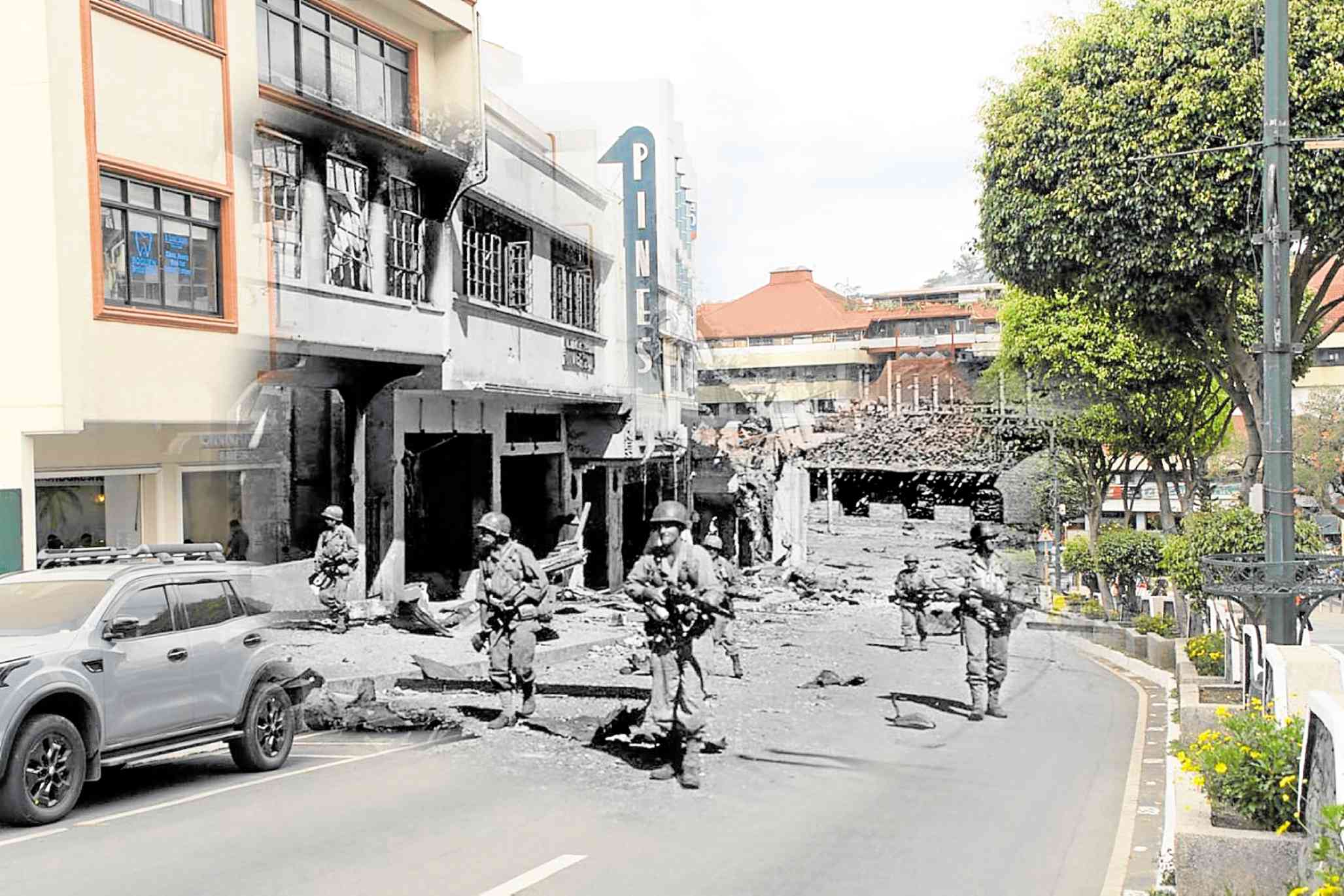 THEN AND NOW Photographer Neil Clark Ongchangco useddigital media to fuse an archival photo of American soldiers, who were part of the liberation forces in Baguio in 1945, with a present image of a section of the city’s business district.