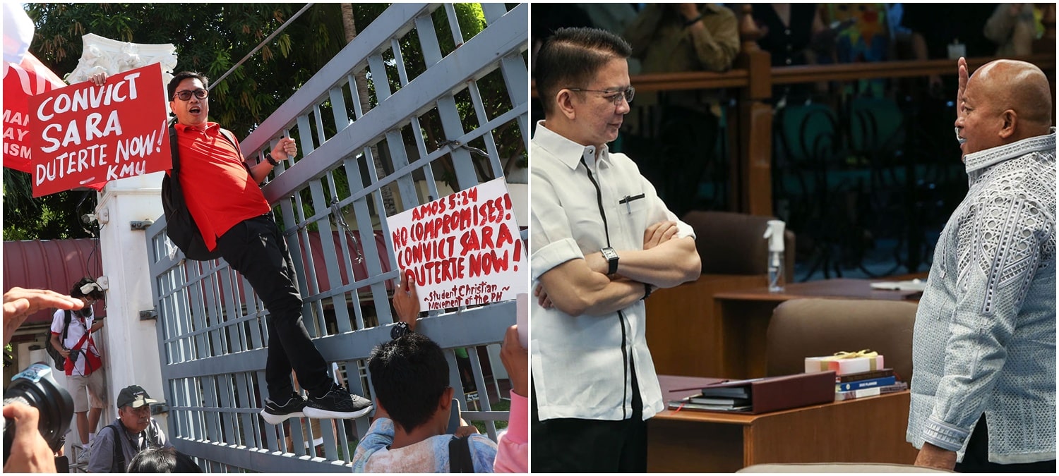 ‘ENOUGH GAMES’ Activists gathered outside the Senate on Tuesday call for Vice President Sara Duterte’s conviction in an impeachment court. On Monday, Senate President Francis Escudero and his colleagues, including Senators Ronald dela Rosa and Christopher Go (in the background), convene for their plenary session. —PHOTOS BY MARIANNE BERMUDEZ AND LYN RILLON